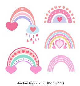 Cute vector rainbow. Cartoon rainbow unicorn colors. For children's textiles, decor, postcards, albums, posters. Drawn in a flat style. Hearts, love, Valentine's Day, romance