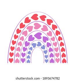 Arcoiris vector lindo. Colores de unicornio arcoiris de dibujos animados. Para los textiles infantiles, decoración, postales, álbumes, carteles. Dibujado en un estilo plano. Corazones, amor, Día de San Valentín, romance
