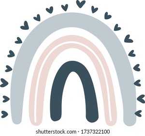 Cute vector rainbow with heart in scandinavian style isolated on white background for kids. Hand drawn cartoon illustration for posters, prints, cards, fabric, children books, interior design.