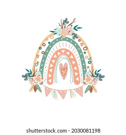 Cute Vektorgrafik mit Regenbogen im Boho-Stil. Blumenboho chic Regenbogen mit Blumen, Federn und Garland. Skandinavischer rosafarbener böhmischer Regenbogen. Perfekt für Poster, Karte, Einladung.