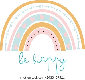 cute vector rainbow in scandi pastel shades, clouds with  hearts, raindrops, kawaii adorable for girl, delicate drawings boho in simple flat style