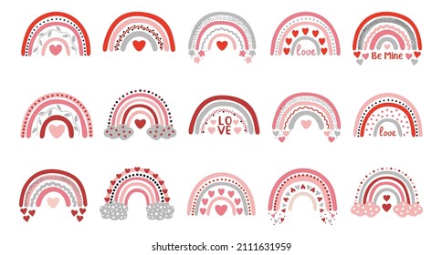 Cute vector rainbow set. For children's textiles, decor, postcards, albums, posters. Drawn in a flat style. Hearts, love, Valentine's Day, romance. Boho rainbow, heart and cloud. Valentine's day.