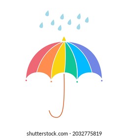 Geradliniger Regenbogenschirm mit Tropfengrafik. Regenwetterdoodle