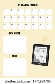 Cute vector reading tracker with 3 weeks grid and place for notes. A tracker with e-book. Nice vector flat illustration in cartoon style. Reading planner to develop reading habits.