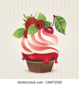 Cute vector red berries cupcake on delicate striped background. Cupcake collection.