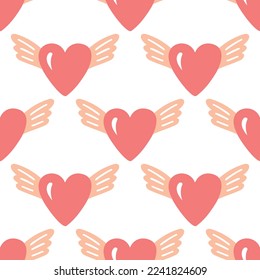 Cute vector red heart with wing pattern. Hand drawn doodle illustration. 