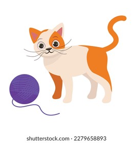 Cute vector red and white cat stands next to a purple ball of thread.