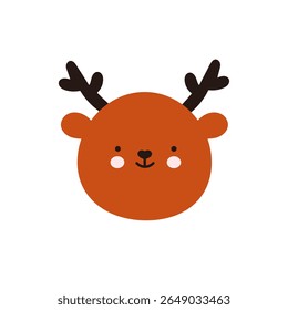 Caráter vetor bonito de rena com galhadas. Ilustração de rosto animal simples em estilo cartoon