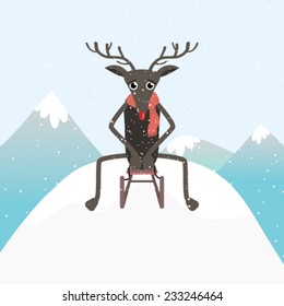 Cute vector reindeer sit on sled, background illustration