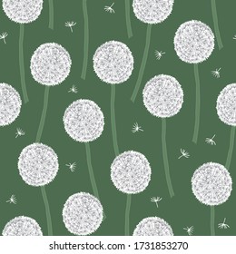 Cute vector repeat pattern with dandelion and their flying seeds on green background.
