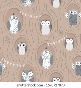 Cute vector repeat pattern with owls sleeping in their burrows in a tree. Brown background.