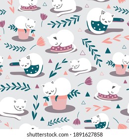 Cute vector repeat pattern with sleeping cats and plants.