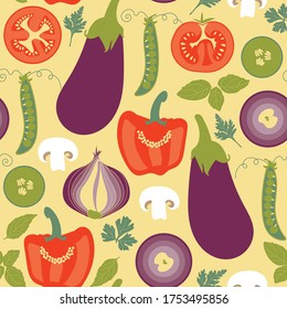 Cute vector repeat pattern with slices of various kind of vegetables on dark yellow background. Yummy!