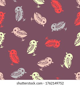 Cute vector repeating pattern of scattered, isolated, multicoloured chicks on a plum purple backdrop. Birds in pink, grey, lemon and red make a sweet design for cute projects. Great for fabric print.