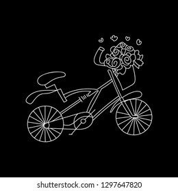 Cute vector retro bicycle with a basket full of spring flowers - linear style vector illustration white