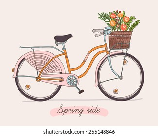 Cute vector retro bicycle for ladies with basket full of spring flowers | Hand drawn vintage fashionable design on spring season ride. Ideal for scrap booking, post cards and wall decoration