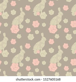cute vector retro floral easter rabbit seamless pattern