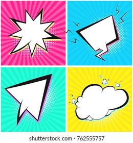 Cute vector retro speech bubbles with colorful shadows on tender colors striped background in pop art style. Blank black outline speech balloons for comics book, advertisement text, web design, badge
