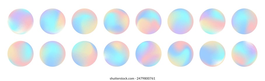 Cute vector retro y2k style hologram circles, labels, foil tags, stamps. Round 3d holo badges collection. Rainbow spectrum texture shiny mockups. Autistic spectrum neon iridescent holographic icons