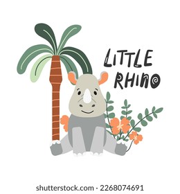 Cute vector rhinoceros. Cartoon rhino, palm tree, flowers.  Charming African animal with horn, isolated on white background. Print design on children's t-shirt. Flat style postcard design.