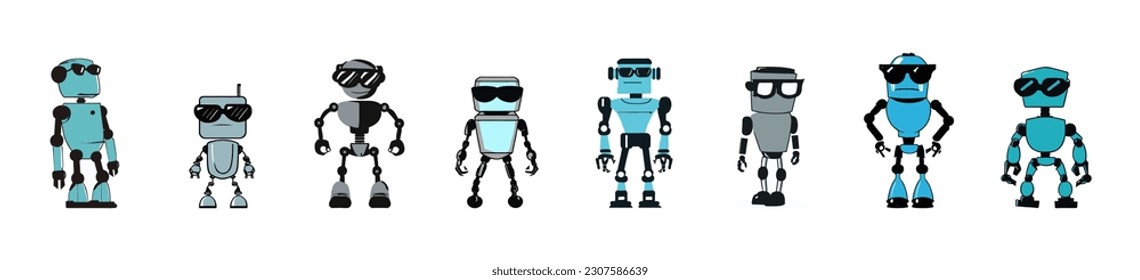 Cute vector robot collection set. Characters in flat vector illustration isolated on white background.