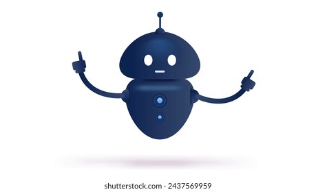 Cute vector robot - Simple black and blue futuristic character pointing with robotic fingers hovering in air on white background
