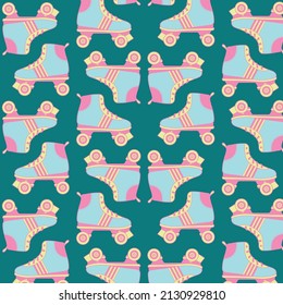 Cute vector rolling skates pattern on dark green background