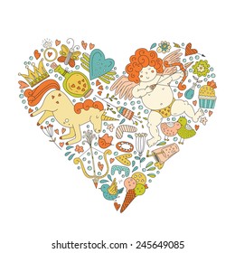 Cute vector romantic card template with a heart made of the most romantic symbols - cupid, ring, hearts, loving birds, sweet ice cream. Valentines day doodle style card.