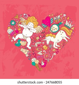 Cute vector romantic card template with a heart made of the most romantic symbols - cupid, ring, hearts, loving birds, sweet ice cream. Valentines day doodle style card.