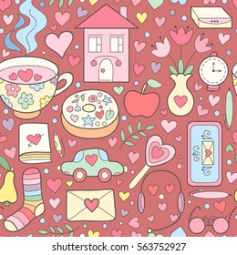 Cute vector romantic doodle seamless pattern with sweets, flowers, tea cup. Happy birthday background, girls stuff and cupcakes. Colorful yummy background. Cute and sweet print