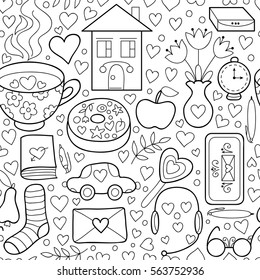 Cute vector romantic doodle seamless pattern with sweets, flowers, tea cup. Happy birthday background, girls stuff and cupcakes. Sweet yummy background. Adorable  print