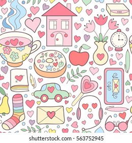Cute vector romantic doodle seamless pattern with sweets, flowers, tea cup. Happy birthday background, girls stuff and cupcakes. Colorful yummy background. Cute and sweet print