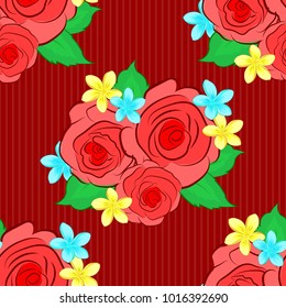 Cute vector rose flowers and green leaves print. Vector illustration. Floral vintage seamless pattern in pink, red and orange colors.