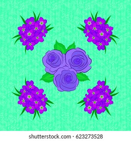 Cute vector rose flowers and green leaves print. Vector illustration. Floral vintage seamless pattern on a green background.