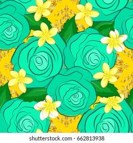 Cute vector rose flowers and green leaves print. Vector illustration. Floral vintage seamless pattern on a yellow background.