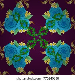 Cute vector rose flowers and green leaves print. Vector illustration. Floral vintage seamless pattern in purple and blue colors.