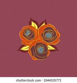 Cute vector rose flowers and leaves print. Vector illustration. Floral vintage seamless pattern in purple, brown and orange colors.