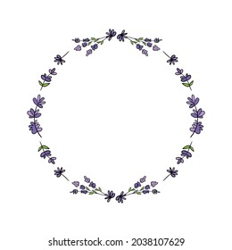 Cute vector round frame template, background with doodle, hand draw flowering lavender branches for nature, aromatherapy design.