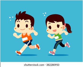Cute Vector Running Man and Women, Competition, marathon