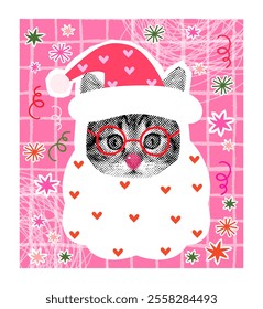 Cute vector Santa Claus cat face with eyeglasses, Funny Christmas halftone collage kitty