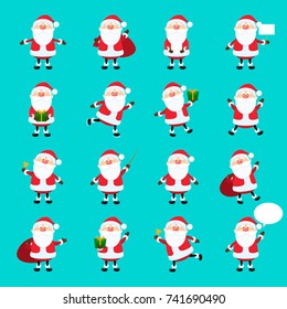 Cute vector Santa Claus icon set in flat style, christmas collection, xmas and New year character in different poses. Funny Santa with different emotions. Design template in EPS10