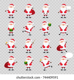 Cute vector Santa Claus icon set in flat style isolated on transparency grid background, christmas collection, xmas and New year character. Funny Santa with different emotions. Design template