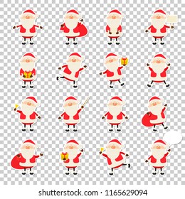 Cute vector Santa Claus paper sticker icon set in flat style isolated on transparency grid background, christmas collection, xmas and New year 2019 character in different poses. Funny Santa with