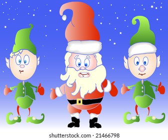Cute vector of Santa illustration with two Christmas elves