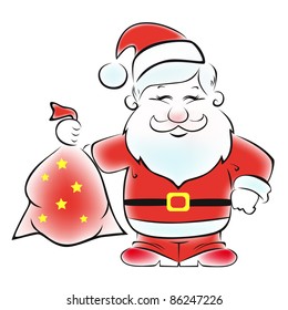 Cute vector Santa with a sack of gifts.