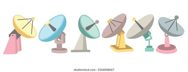 Cute vector satellite antenna dish vector character set with cartoon style.