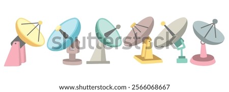 Cute vector satellite antenna dish vector character set with cartoon style.