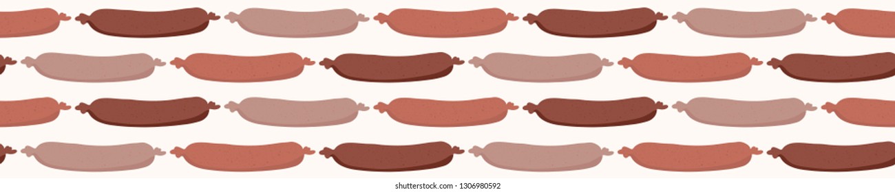 Cute vector sausages cartoon. Seamless repeat border illustration. Hand drawn fast food frankfurter sausage string tied for kitchen foodie blog, snack vendor edging, german restaurant banner ribbon.