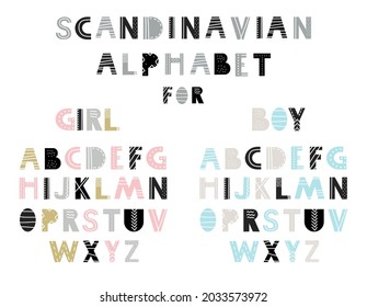 Cute vector scandinavian alphabet poster with folk elements for girl or boy, baby. Set for kids. For child room, education, design clothes, onesie, pillow, bags, frame, hygge interior.