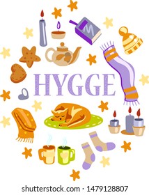Cute vector scandinavian style illustration of autumn and winter hygge elements. Isolated on white background, hand drawn. Motivational typography of hygge quotes.